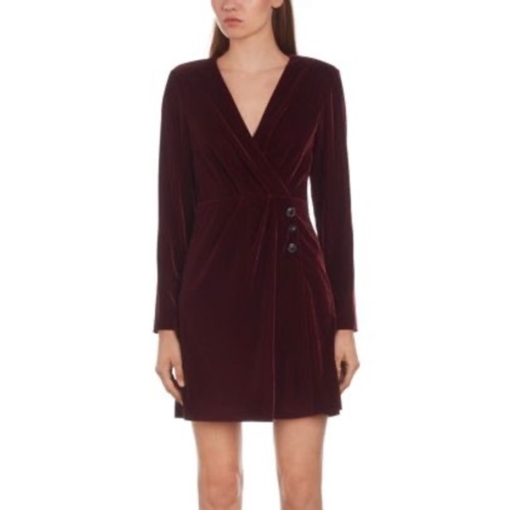 The Kooples Burgundy Velvet Jewel Button Wrap Mini Dress FROB27231K NWOT Size 3